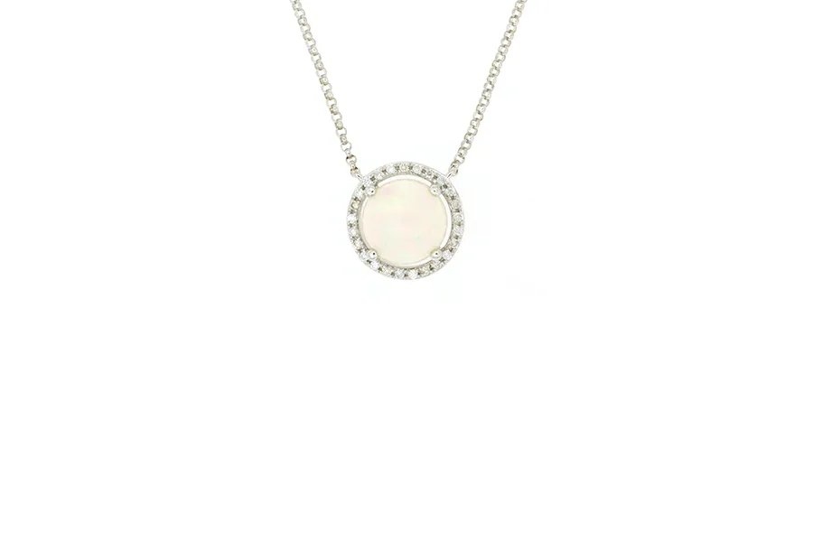 Sabel Collection White Gold Round Opal and Diamond Halo Pendant