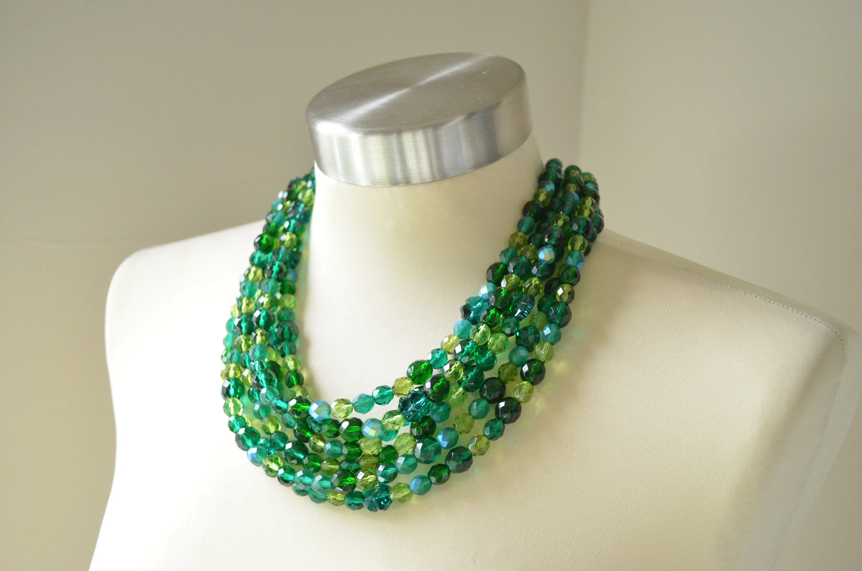 Shamrock St Patricks Day Crystal Clover Bead Statement Necklace