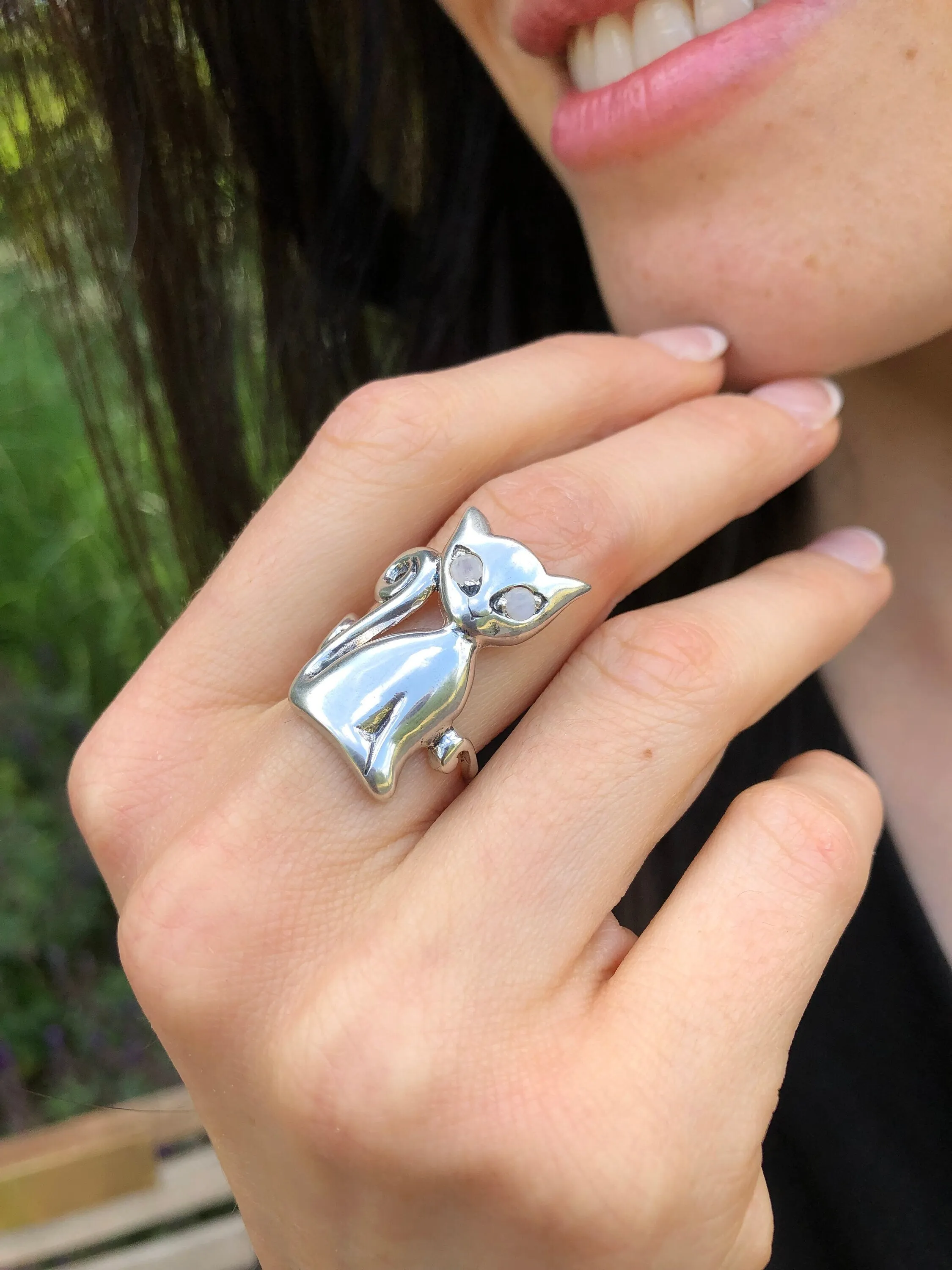 Silver Cat Ring - Rainbow Moonstone Ring - Cat Lover Ring