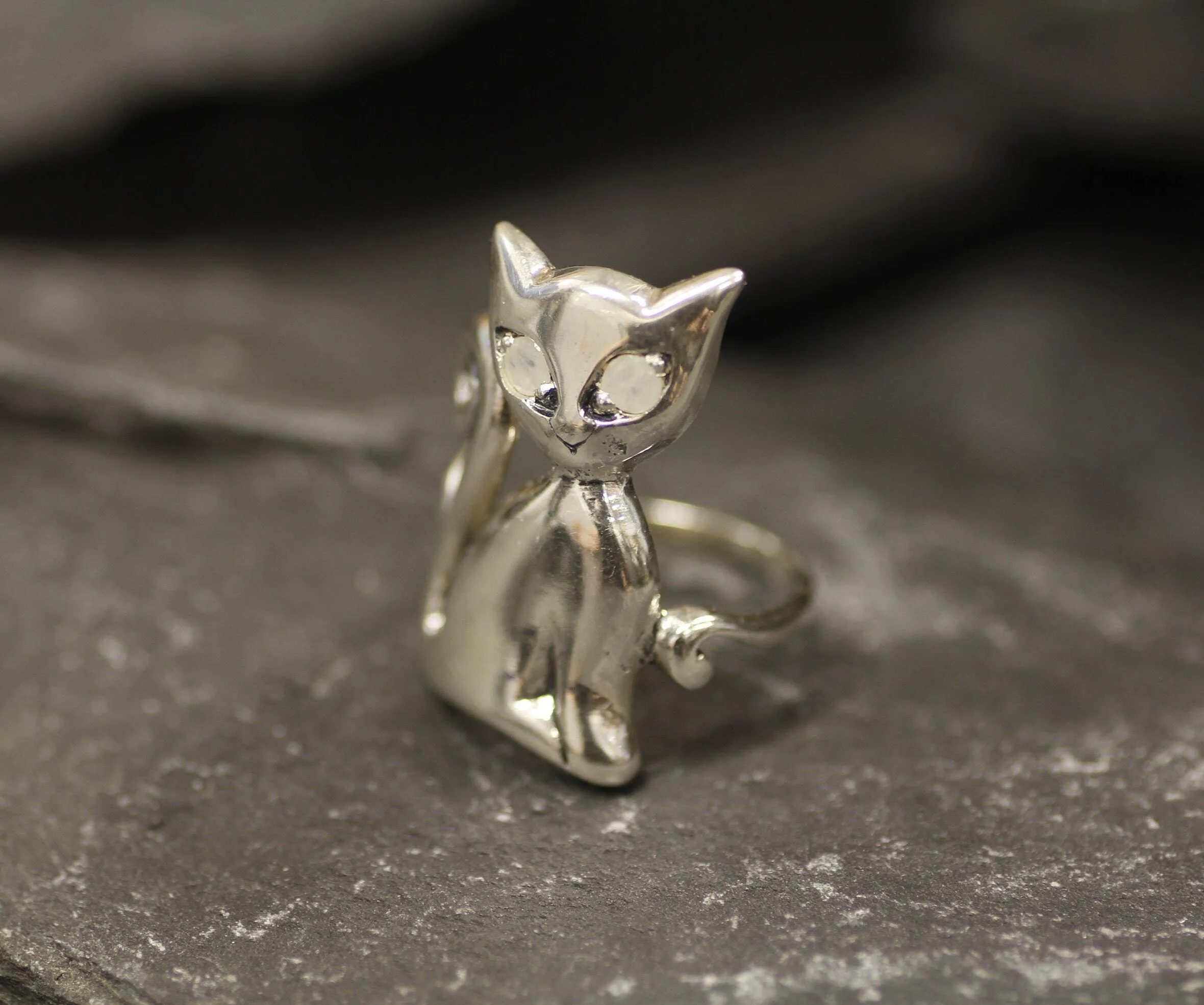 Silver Cat Ring - Rainbow Moonstone Ring - Cat Lover Ring