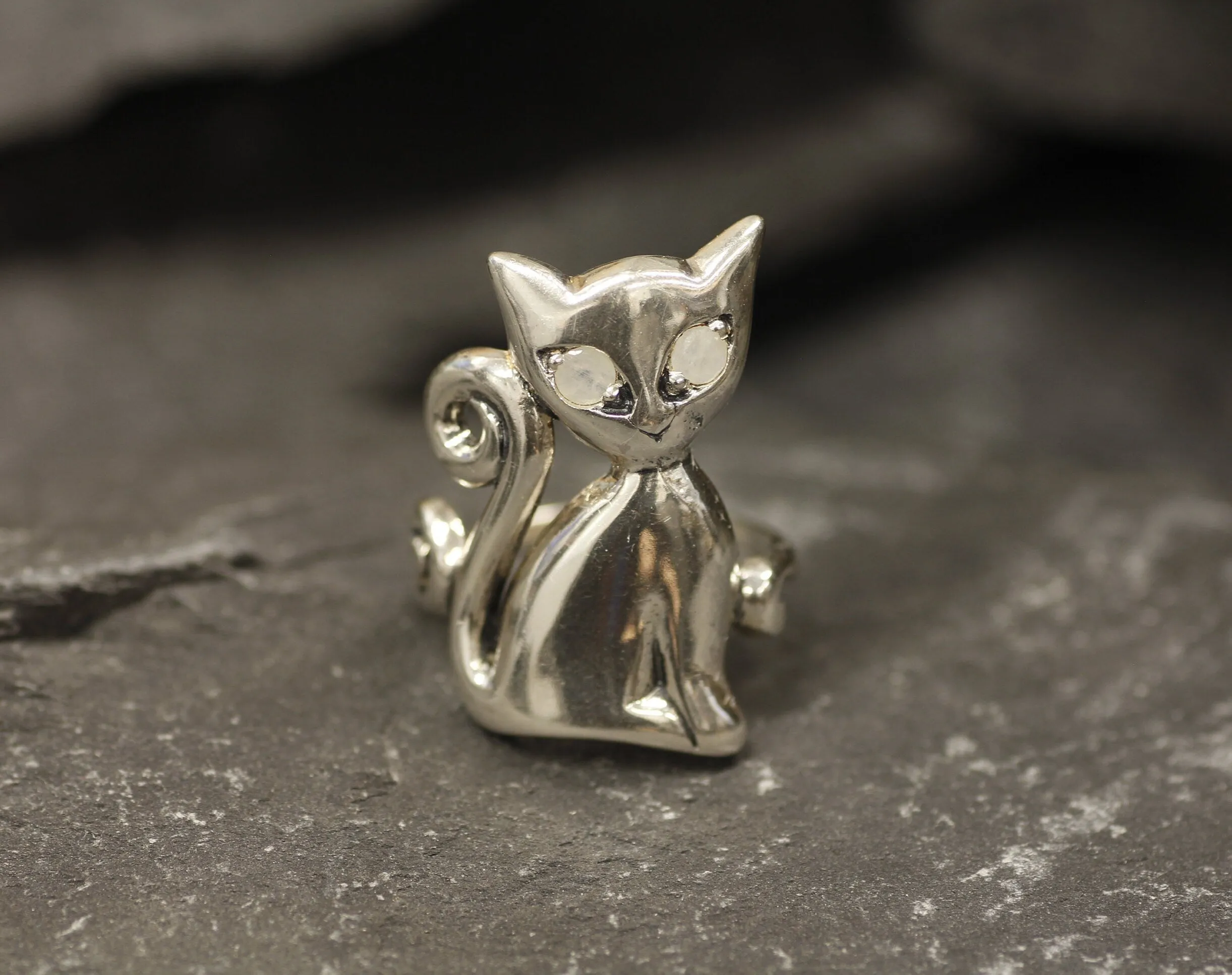 Silver Cat Ring - Rainbow Moonstone Ring - Cat Lover Ring