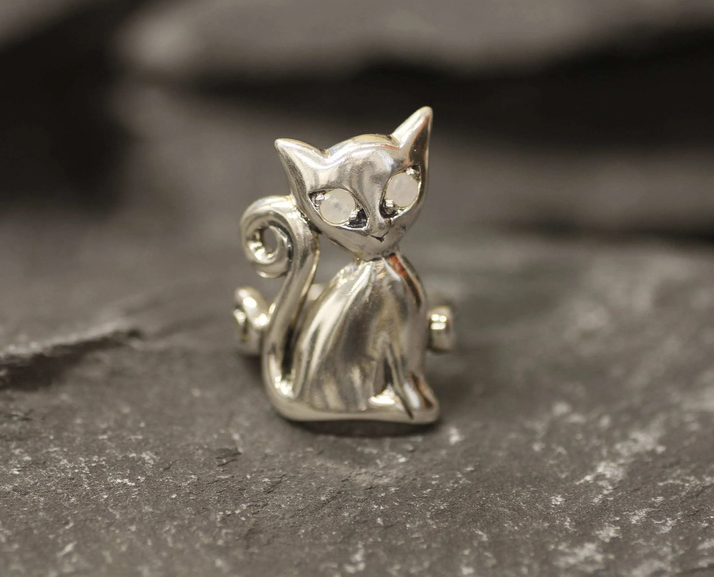 Silver Cat Ring - Rainbow Moonstone Ring - Cat Lover Ring