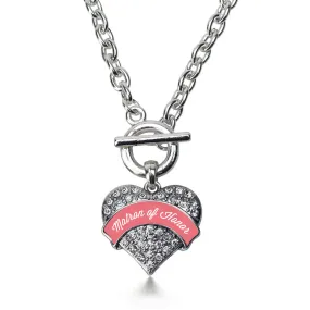 Silver Coral Matron of Honor Pave Heart Charm Toggle Necklace