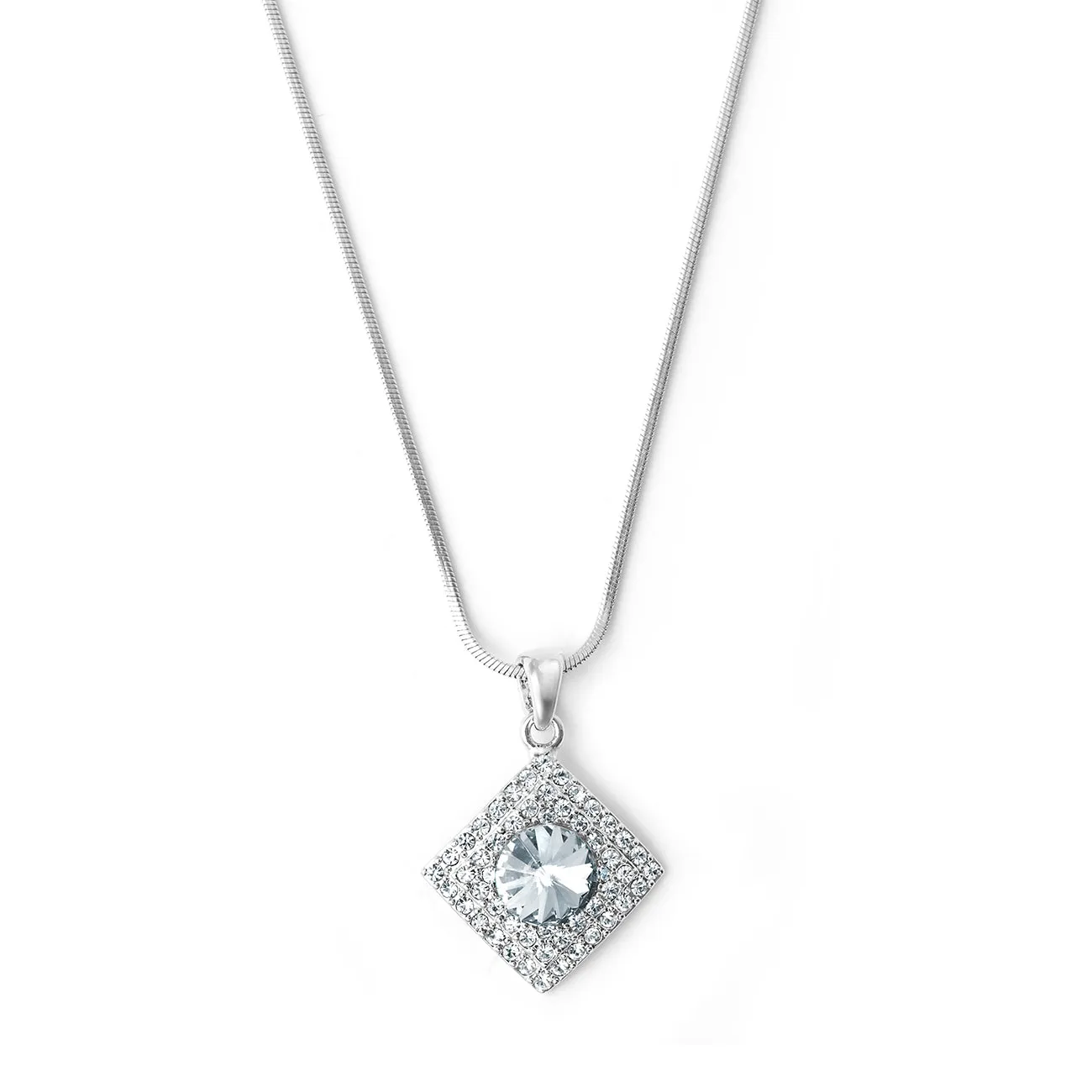 Silver tone diamond shaped pendant with clear crystals