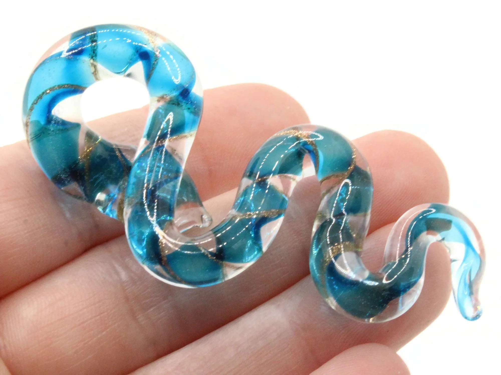 Sky Blue Gold and Clear Spiral Glass Snake Pendant