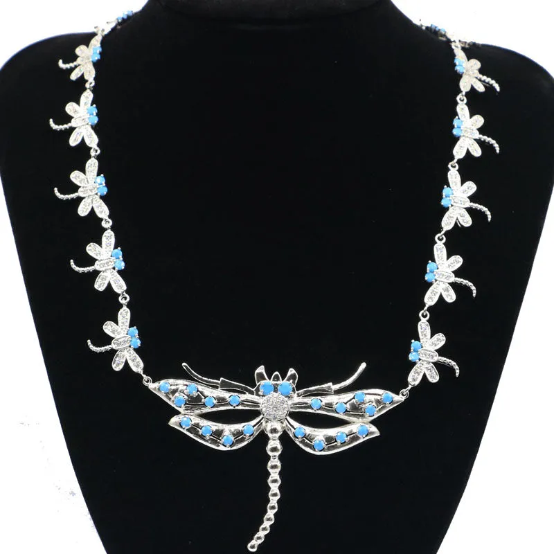 Sleeping Beauty Blue Turquoise Dragonfly Statement Necklace