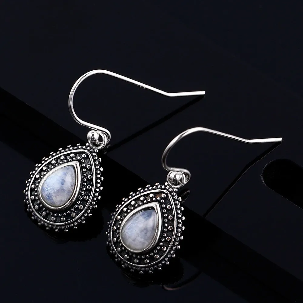 Small Sterling Silver Natural Rainbow Moonstone Teardrop Dangle Earrings