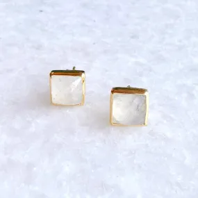 Square Gold Stone Stud Earrings: Moonstone