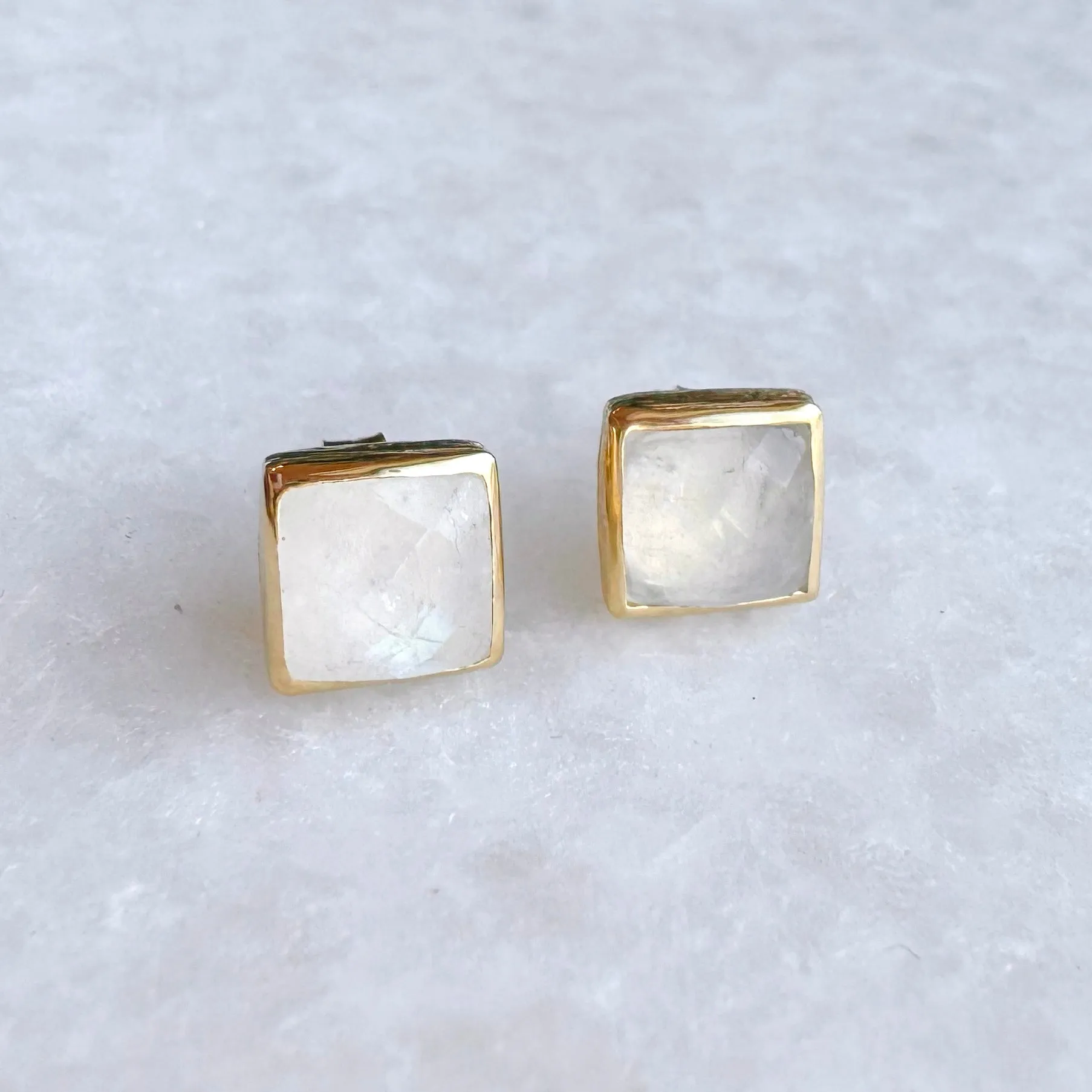 Square Gold Stone Stud Earrings: Moonstone