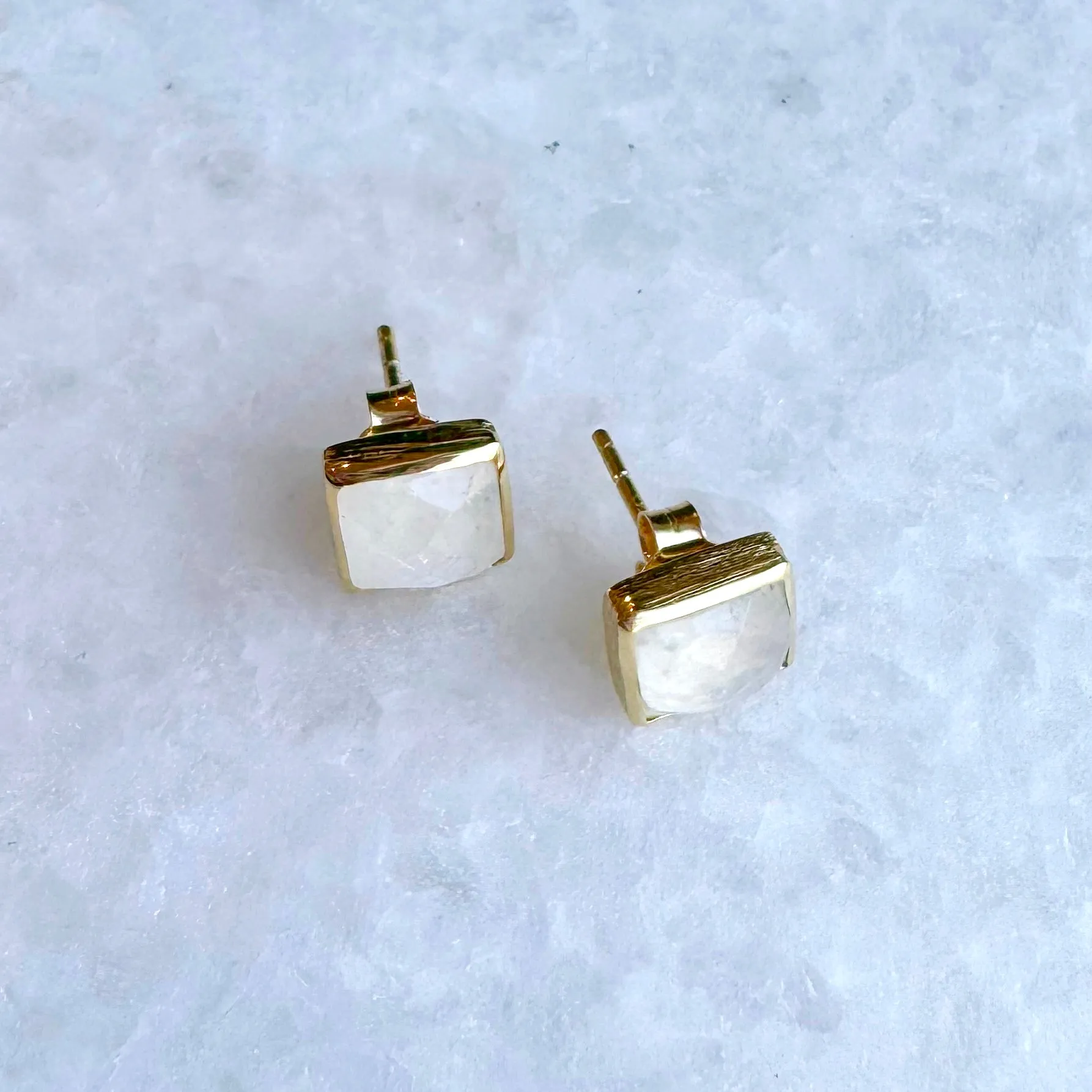 Square Gold Stone Stud Earrings: Moonstone