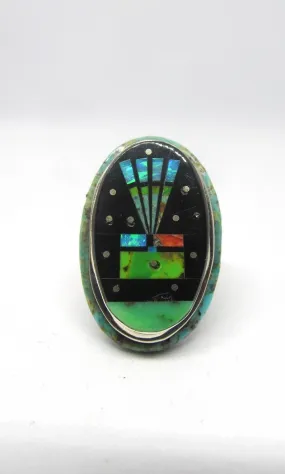 STARRY NIGHT Gilbert Smith Multi Inlay Yei Kachina Navajo Ring, Sz 10