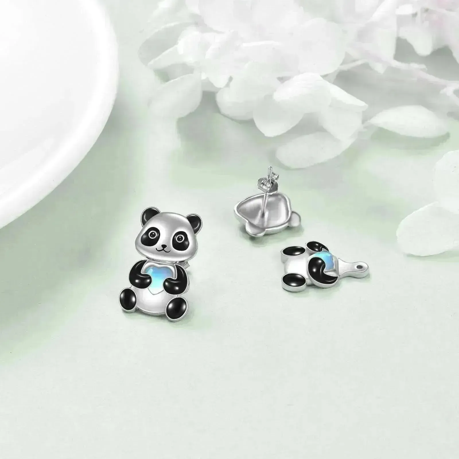 Sterling 925 Silver Panda Stud Ear Jacket Front Back Earrings