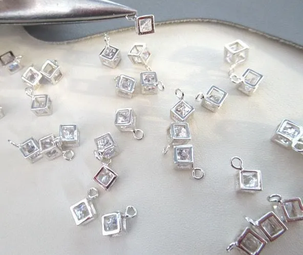 Sterling Silver Cube Zircon Charm Pendant 4 mm Pendant Findings for Handmade Pure Fine Jewelry Making Wholesale Bulk