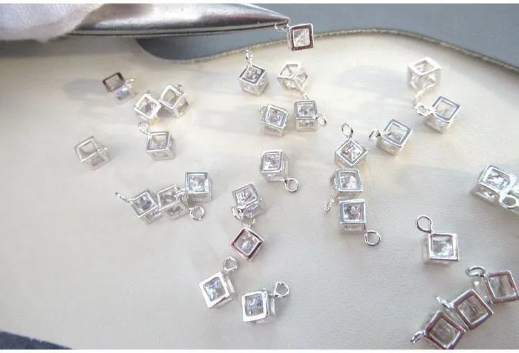 Sterling Silver Cube Zircon Charm Pendant 4 mm Pendant Findings for Handmade Pure Fine Jewelry Making Wholesale Bulk