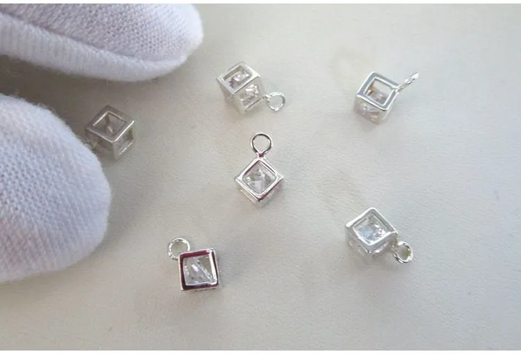 Sterling Silver Cube Zircon Charm Pendant 4 mm Pendant Findings for Handmade Pure Fine Jewelry Making Wholesale Bulk