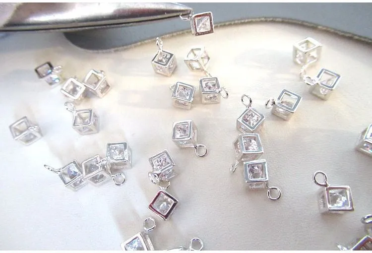 Sterling Silver Cube Zircon Charm Pendant 4 mm Pendant Findings for Handmade Pure Fine Jewelry Making Wholesale Bulk