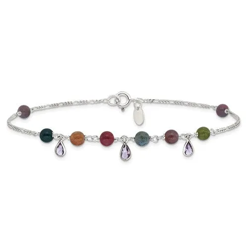 Sterling Silver Multi-Colored Jasper & Amethyst Anklet Bracelet