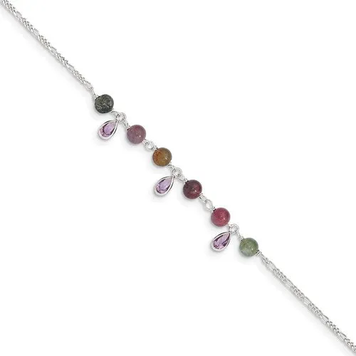 Sterling Silver Multi-Colored Jasper & Amethyst Anklet Bracelet