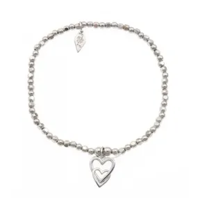 Sterling Silver Rhodium Plated Beaded Double Heart Bracelet ERLB029