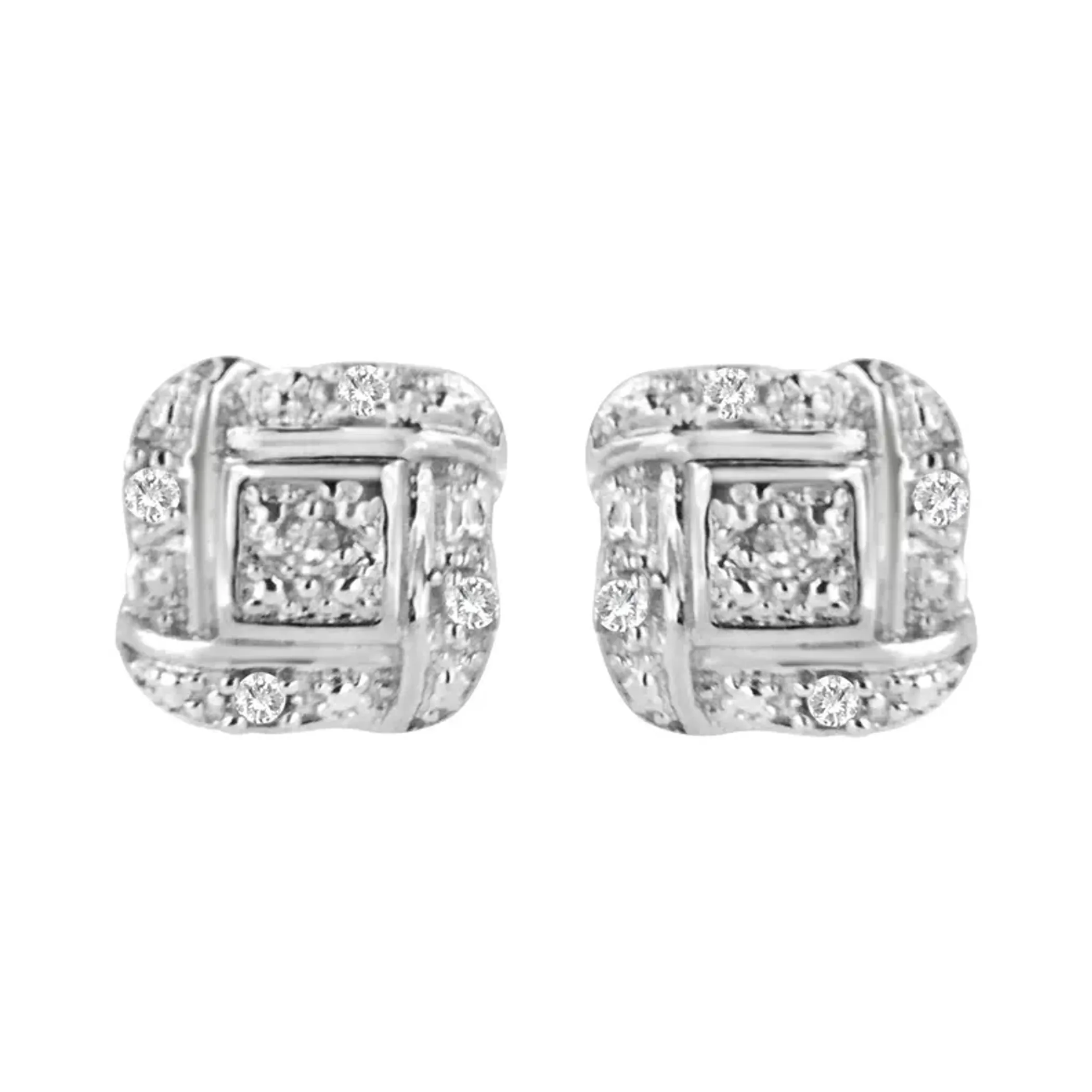 Sterling Silver Round Cut Diamond Square Stud Earrings (0.04 cttw, H-I Color, I2-I3 Clarity)