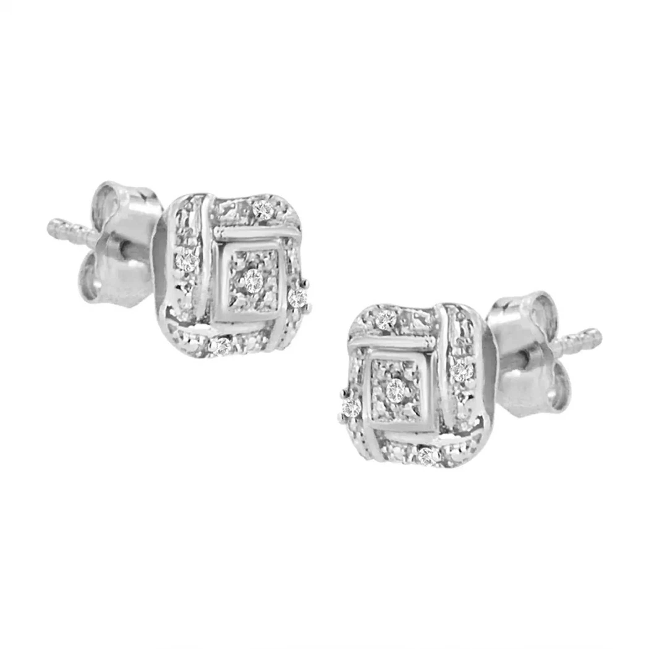 Sterling Silver Round Cut Diamond Square Stud Earrings (0.04 cttw, H-I Color, I2-I3 Clarity)