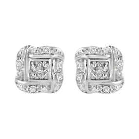 Sterling Silver Round Cut Diamond Square Stud Earrings (0.04 cttw, H-I Color, I2-I3 Clarity)