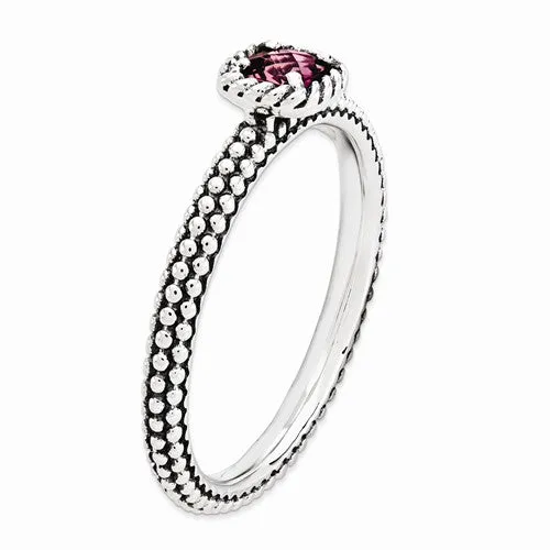 Sterling Silver Stackable Expressions Checker-Cut Cushion Pink Tourmaline Antiqued Ring