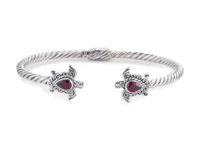 Sterling Silver Twisted "Kura Kura Bangle" with Turtle and Garnet End Caps