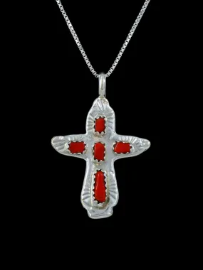 Sterling Silver Zuni Coral Cross Necklace