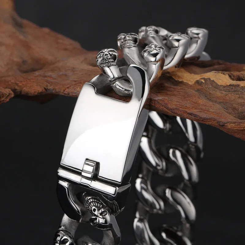 Stylish Double-Row Skull Titanium Steel Bracelet for Men - European and American Fashion