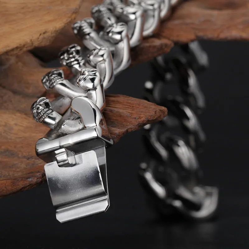 Stylish Double-Row Skull Titanium Steel Bracelet for Men - European and American Fashion