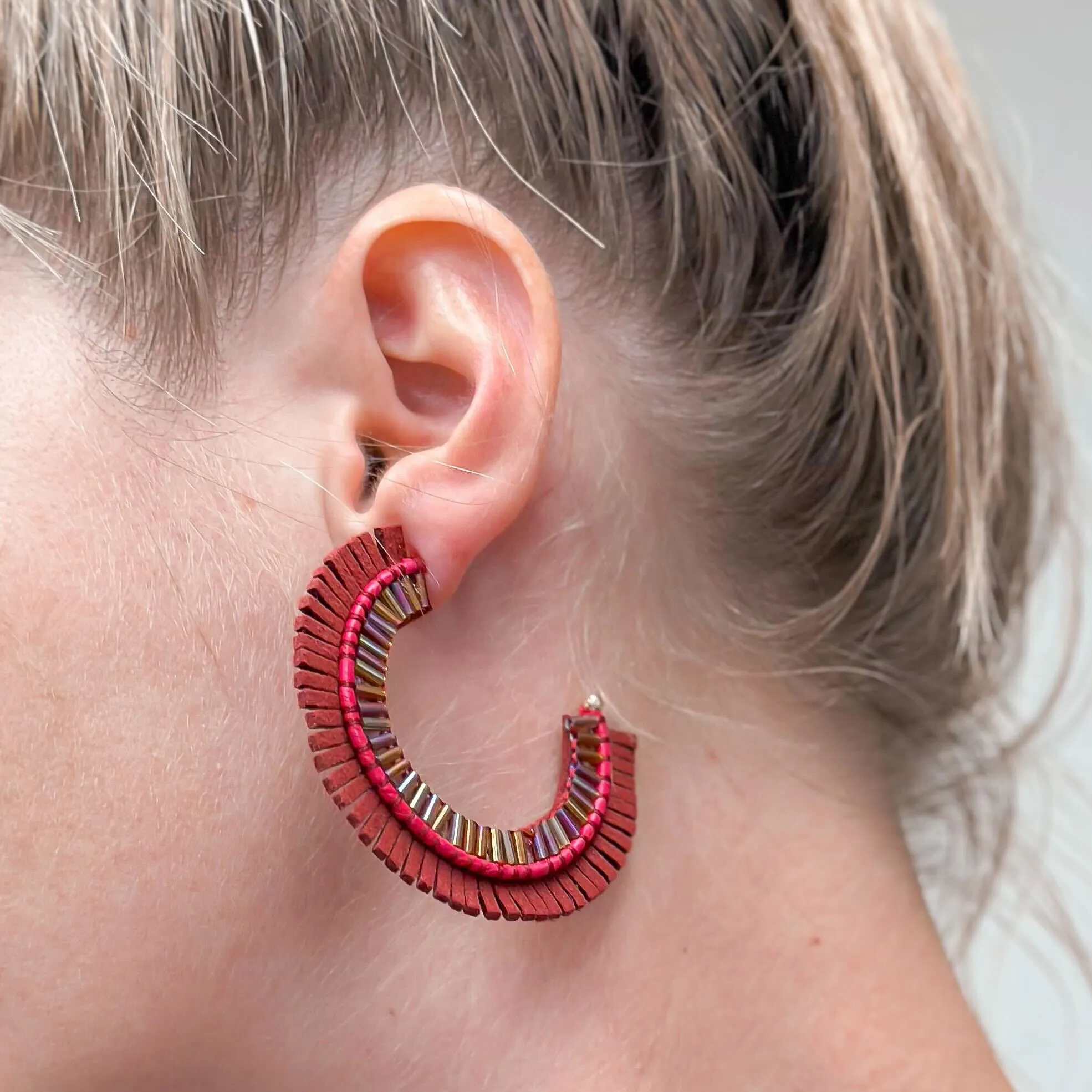 Suede Fringe Beaded Hoop Earrings - Burgundy