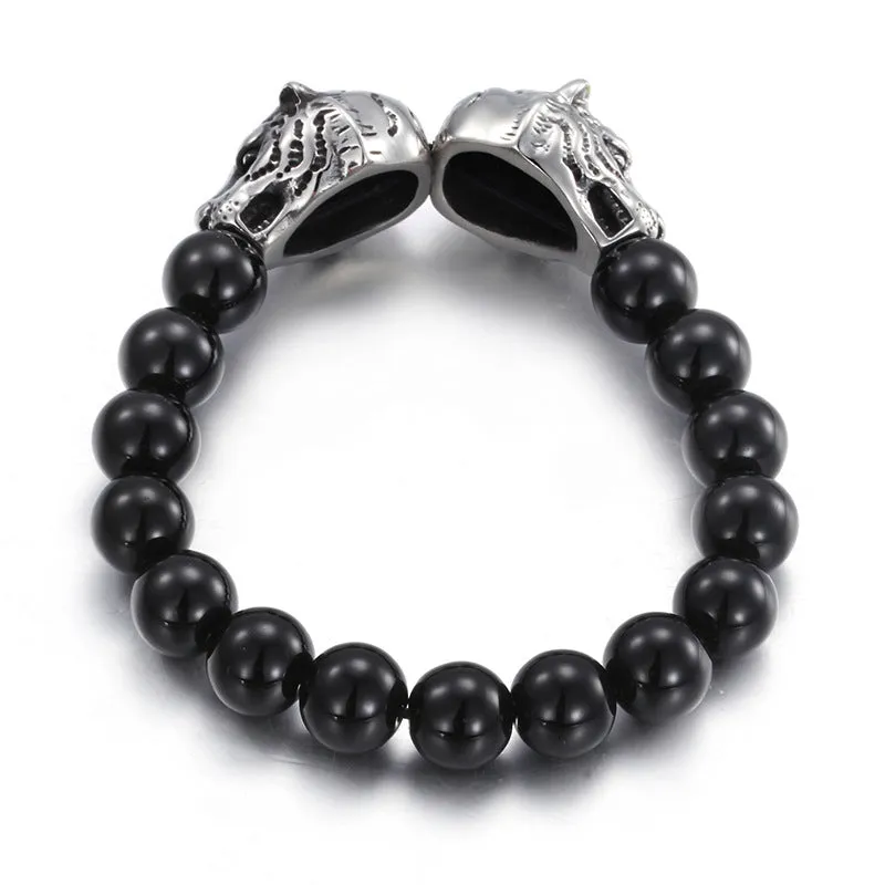 Titanium Steel Men's Beaded Bracelet with European and American Fashion Glass Beads and Tiger Head Design