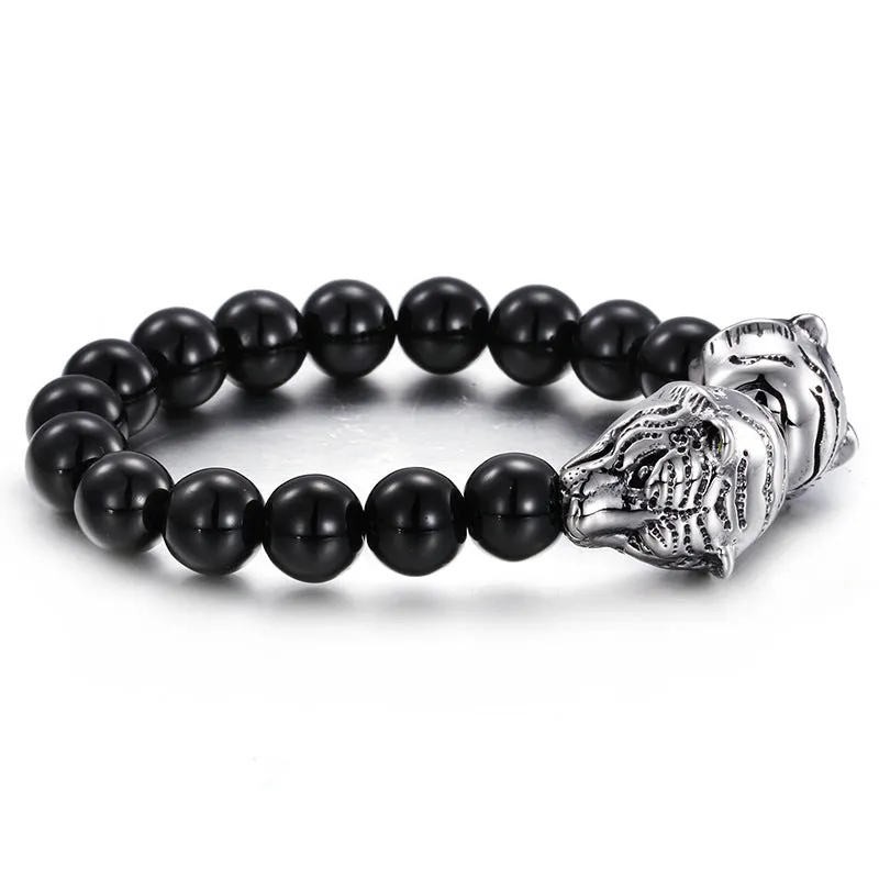 Titanium Steel Men's Beaded Bracelet with European and American Fashion Glass Beads and Tiger Head Design