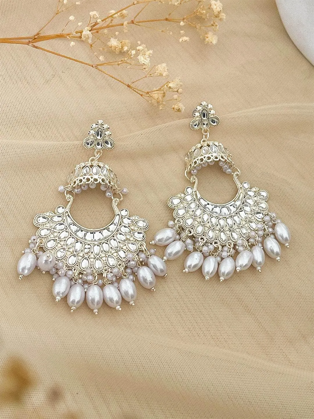 Traditional White Meena Kundan Earrings