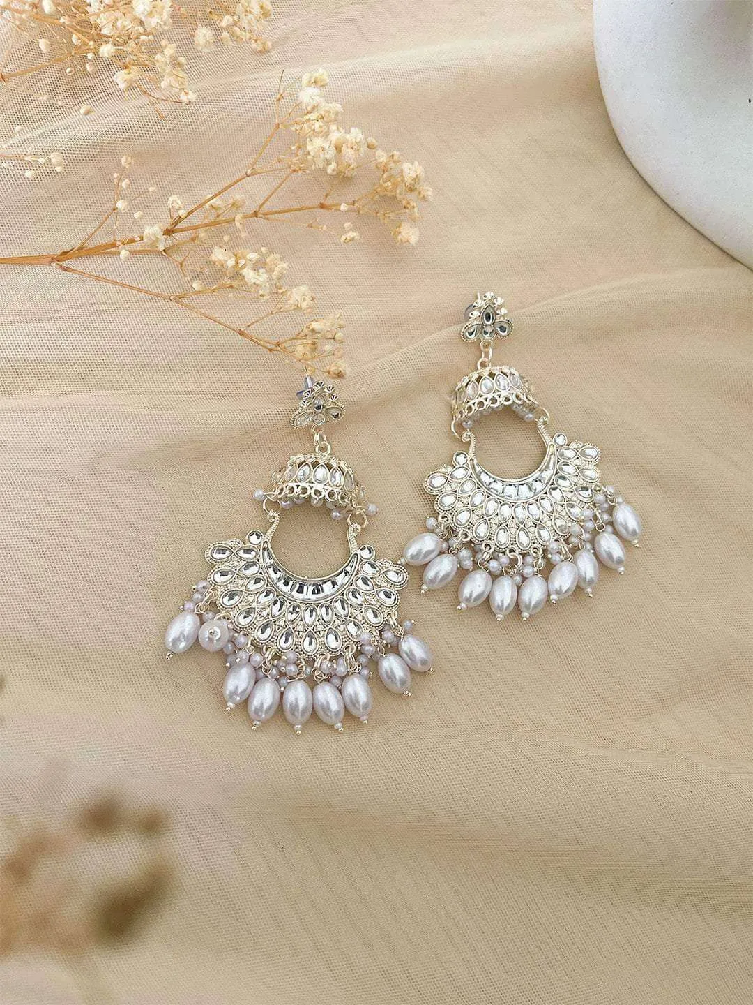 Traditional White Meena Kundan Earrings