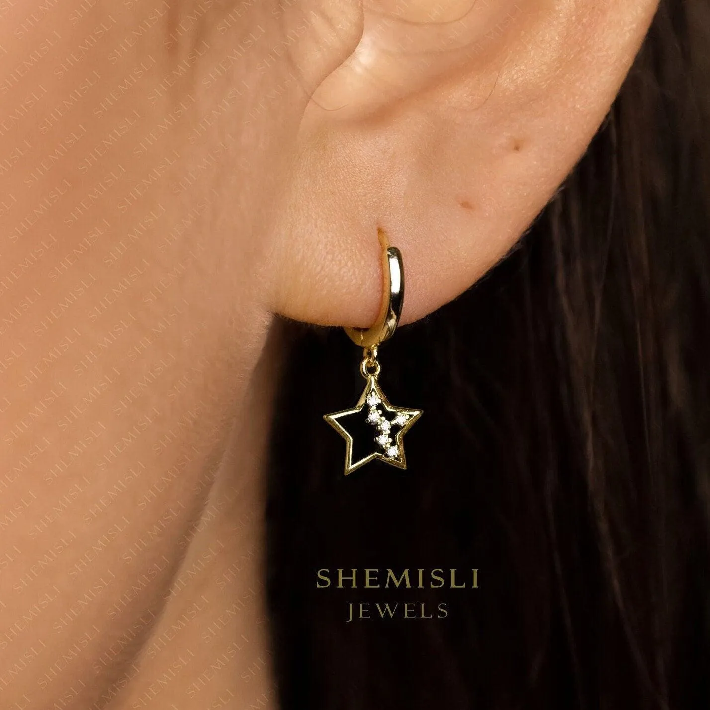 Twinkle Star Hoop Earrings, Open 5 Point Star Drop Huggies, Gold, Silver SHEMISLI - SH484 LR