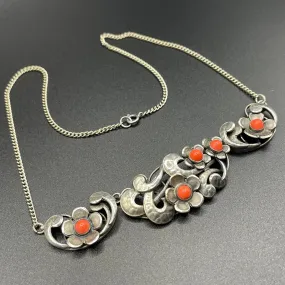 Vintage Art Deco Czech Neiger Brothers (Max and Norbert) coral pink coloured glass cabochon & silver tone necklace, flower and leaf design