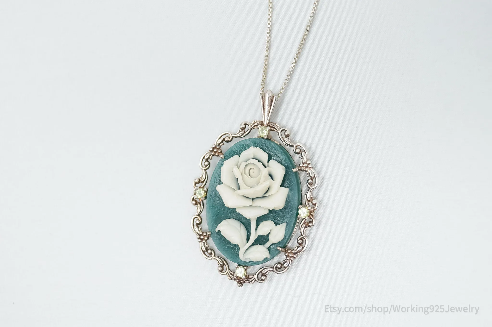 Vintage Carved Flower Dyed Fossil Sterling Silver Necklace