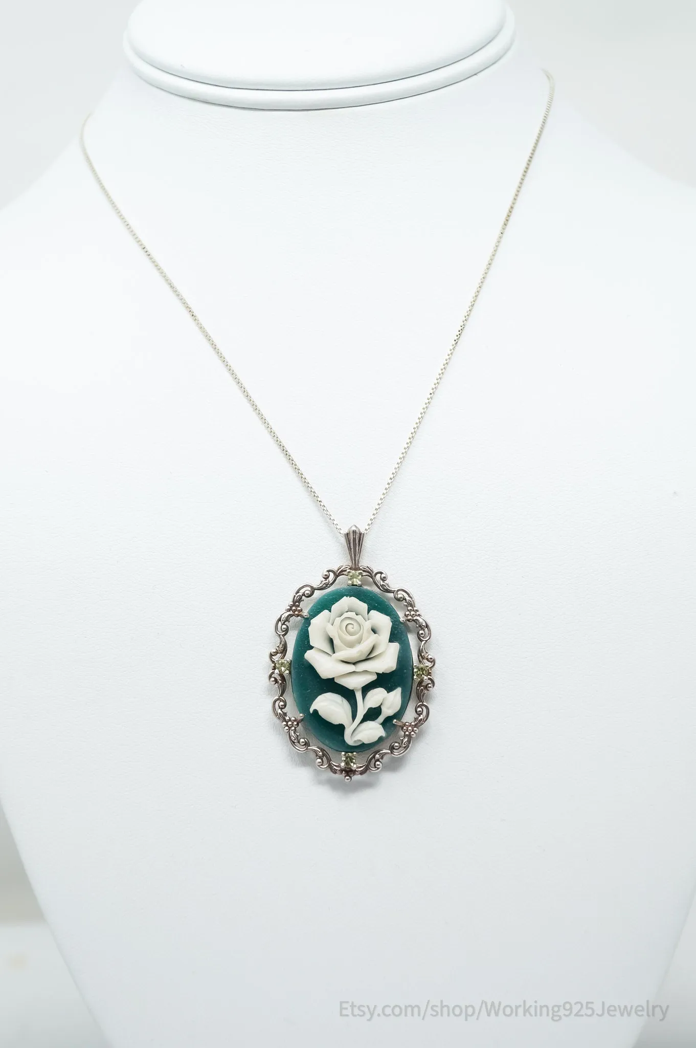 Vintage Carved Flower Dyed Fossil Sterling Silver Necklace