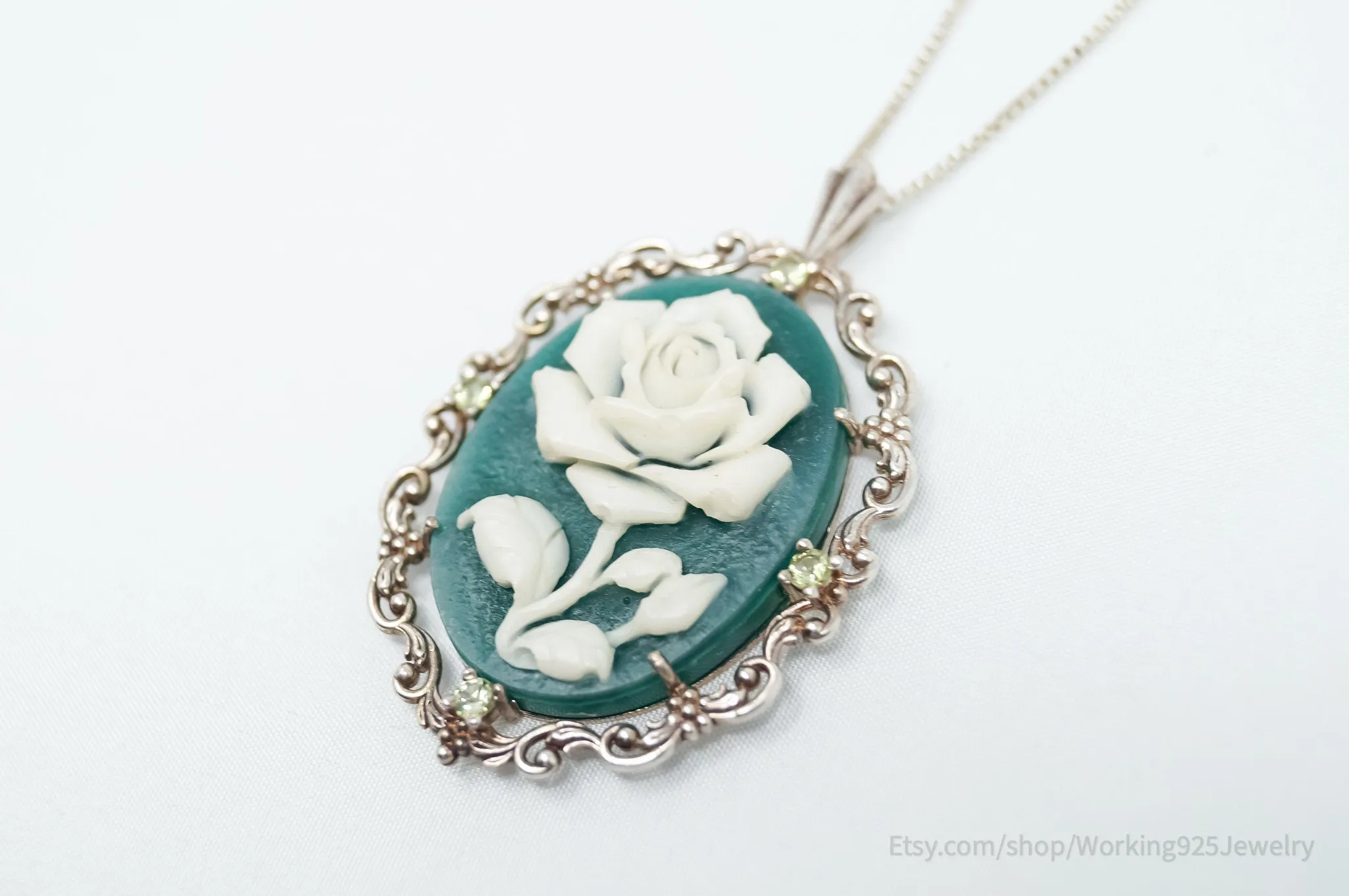 Vintage Carved Flower Dyed Fossil Sterling Silver Necklace