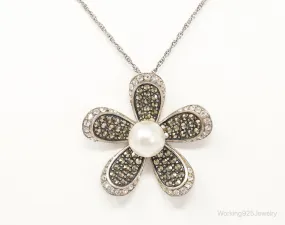 Vintage Designer SLC Pearl CZ Marcasite Sterling Silver Flower Necklace