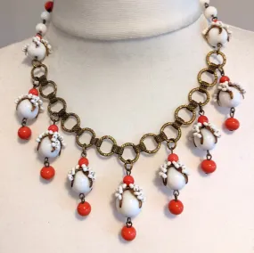 Vintage early Miriam Haskell milk & coral glass beaded fringe necklace with intricately beaded organic bead caps and book chain - in box