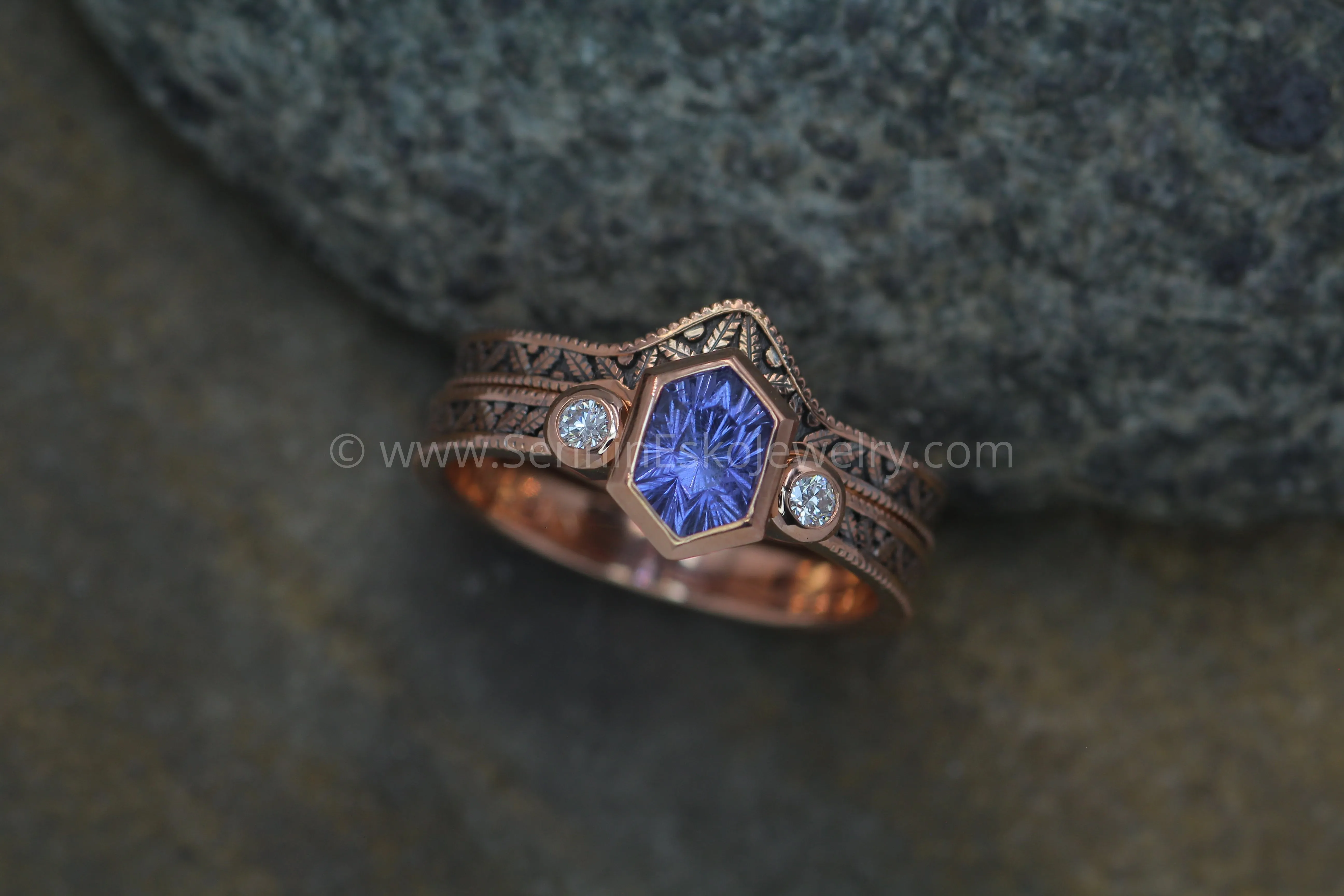 Vintage Inspired Leaf Multi Bezel Ring Set - Depicted with a Purple Sapphire (Setting Only, Center Stone Sold Separately)