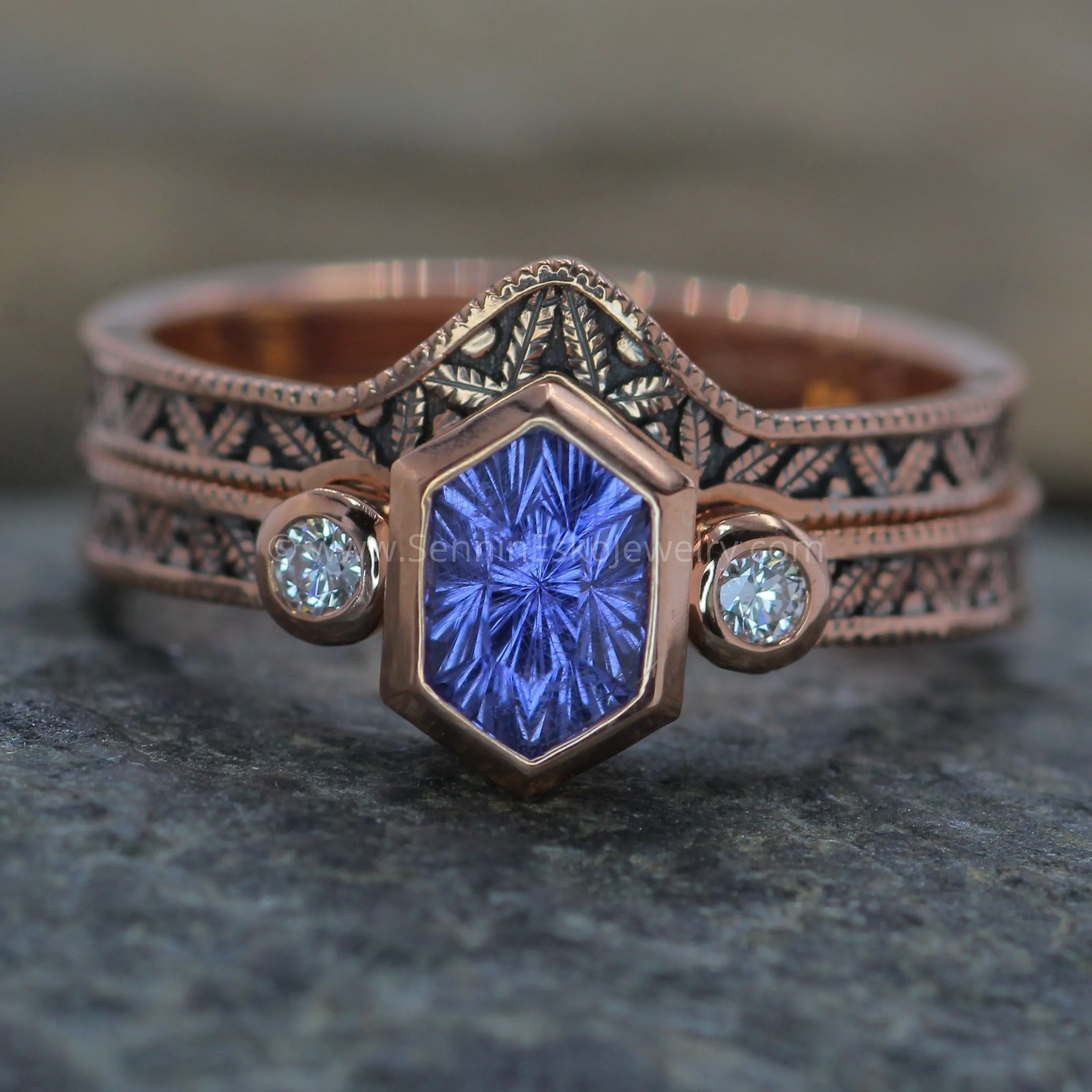 Vintage Inspired Leaf Multi Bezel Ring Set - Depicted with a Purple Sapphire (Setting Only, Center Stone Sold Separately)