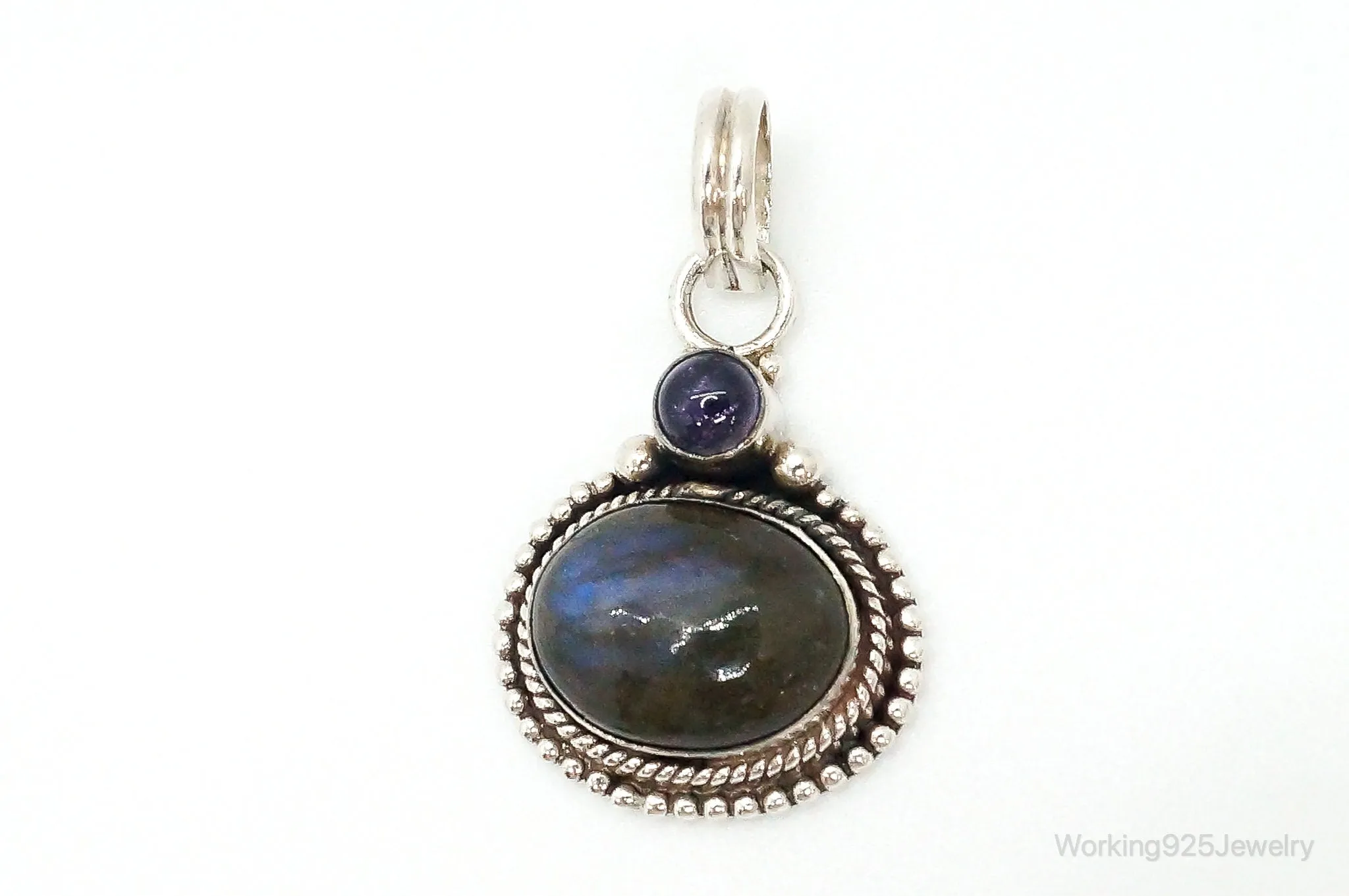 Vintage Large Labradorite Amethyst Sterling Silver Necklace Pendant