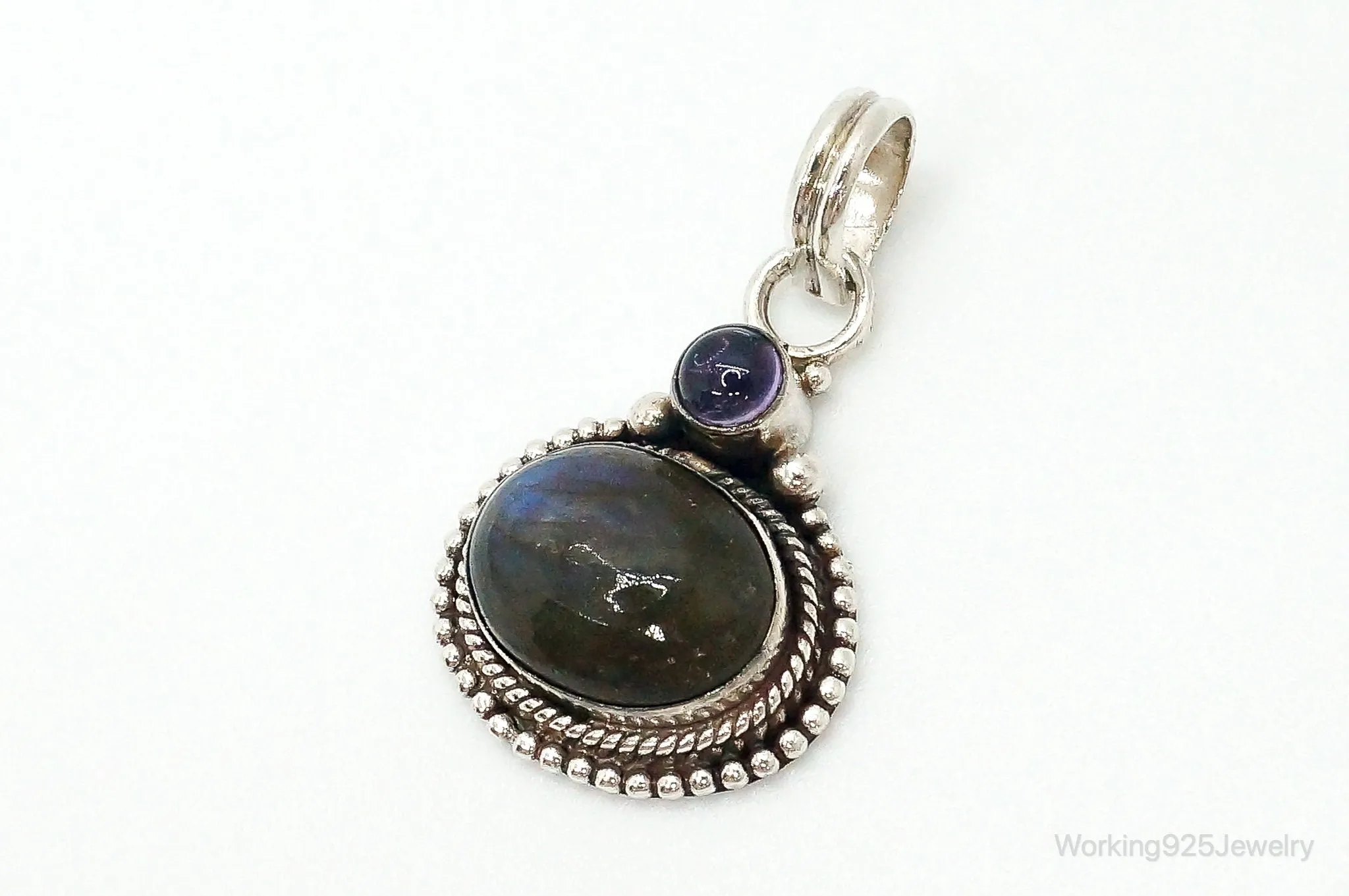 Vintage Large Labradorite Amethyst Sterling Silver Necklace Pendant