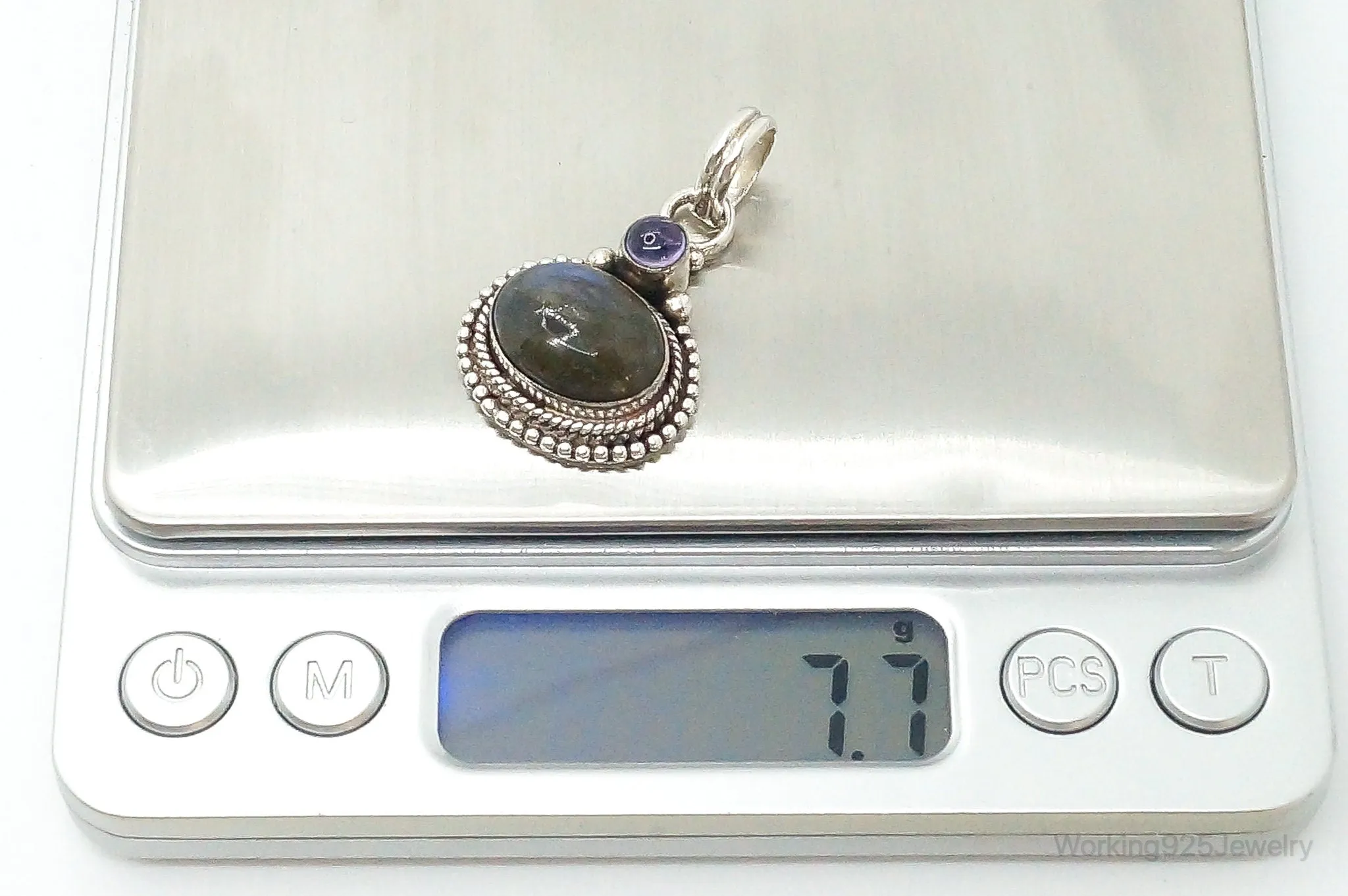 Vintage Large Labradorite Amethyst Sterling Silver Necklace Pendant