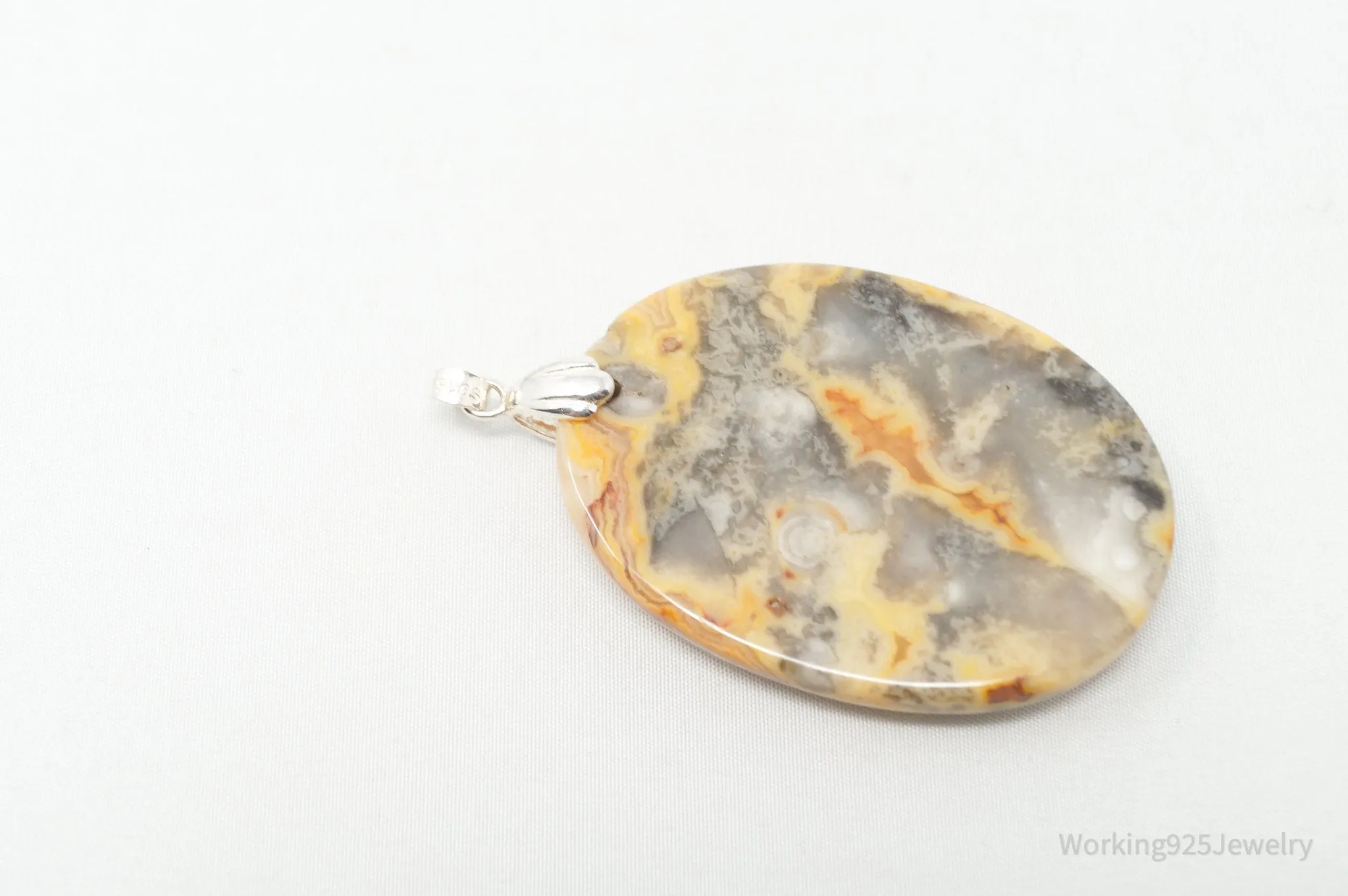 Vintage Large Orange Lace Agate Sterling Silver Necklace Pendant