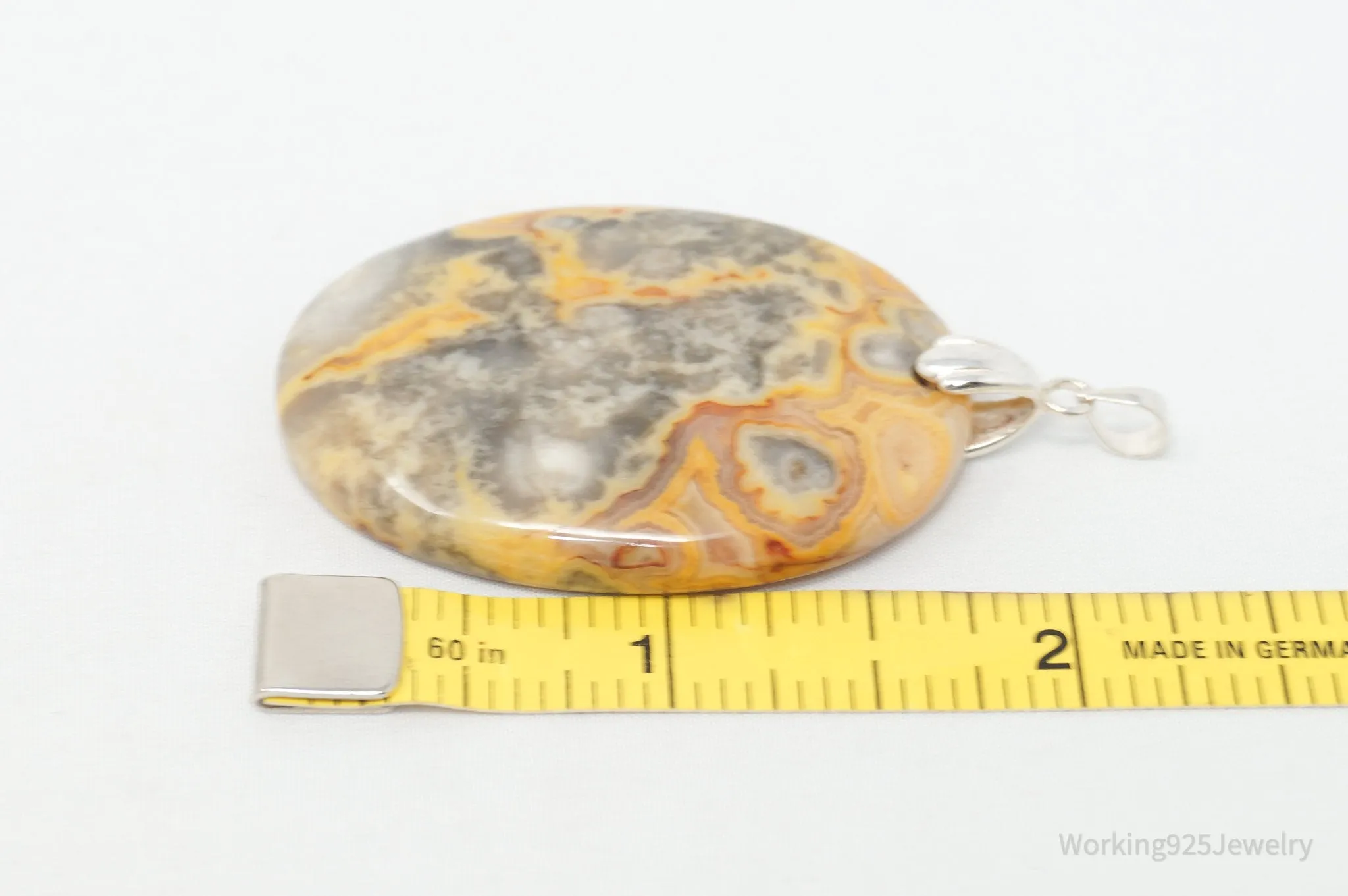 Vintage Large Orange Lace Agate Sterling Silver Necklace Pendant